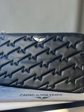 Zadig & Voltaire NWT Uma Wings Black Quilted Star Wristlet Clutch w/ Silver Logo